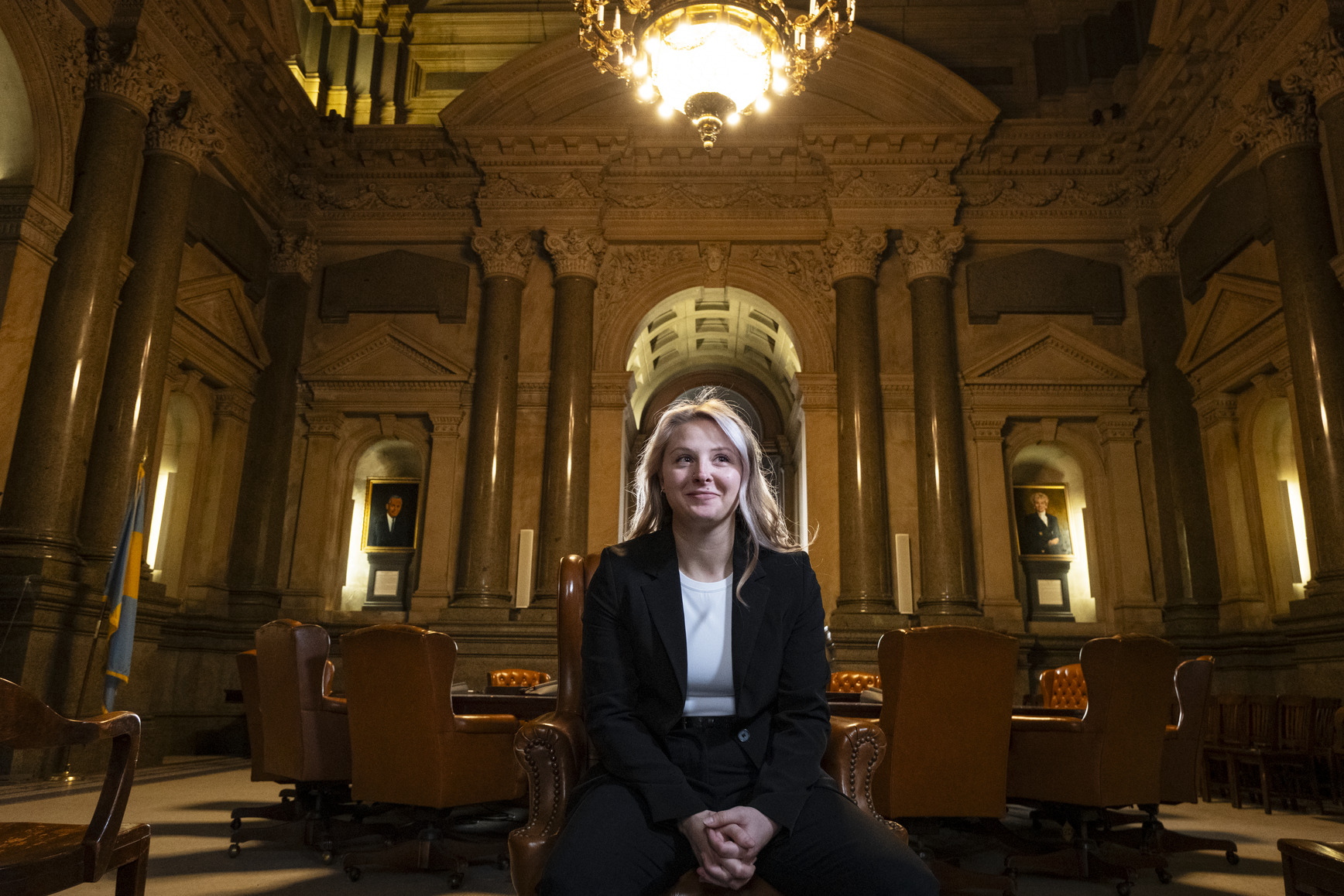 Anna Breece sitting in a courthouse.