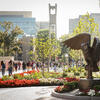 Students walking on Main Campus on a sunny day. The bronze owl statue is in the foreground and the bell tower can be seen in the distance.