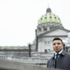 Jordan Laslett poses outside of the Pennsylvania State Capitol building in Harrisburg.